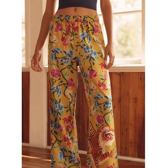 Anthropologie LyreBird Pajama Bottom Pant Medium Flannel Tiger Floral Yellow